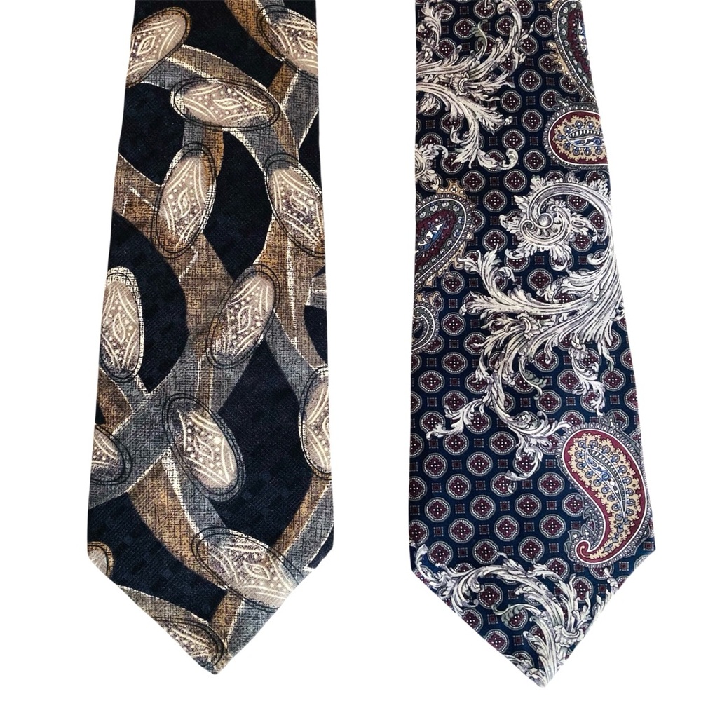 Bundle of 2 Henry Grethel Italian Silk Neck Ties 58” and 56” Paisley Leaf Black